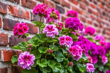Fototapeta premium Brick wall with a pink and purple flower garden