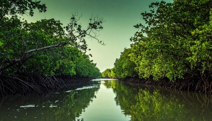 Mangrove channel at dawn still mirror water with faint ripples soft monochrome green representing tranquil coastal habitat and reflective calm suitable for conservation features travel guides