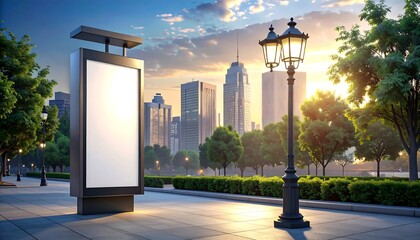 Blank billboard in city park at sunrise