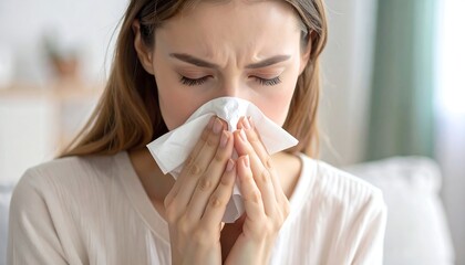 Woman suffering from nasal congestion, eyes closed, tissue covering nose and mouth