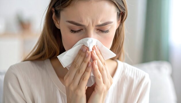 Woman suffering from nasal congestion, eyes closed, tissue covering nose and mouth