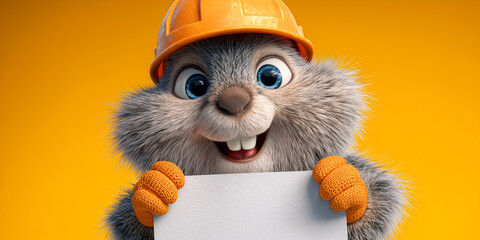 A cute smiling cartoon character of a beaver construction worker wearing a yellow construction safety helmet holding a blank sign with copy space against on yellow/orange background. Generative Ai.