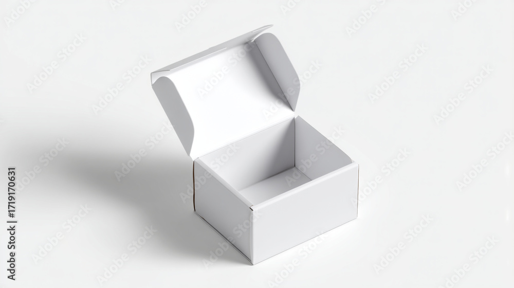 Poster an open white cardboard box sits on a white surface casting a soft shadow to the left