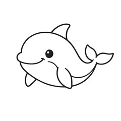Vector illustration of a cute cartoon whale, designed in simple black and white style with bold strong black outline emphasizing adorable character details.