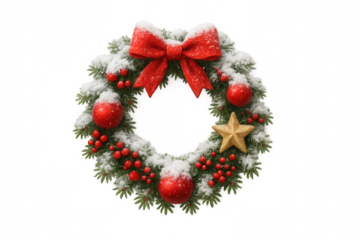 Christmas wreath of green pine branches decorating with red ribbons, berries, ornaments, golden star and snow