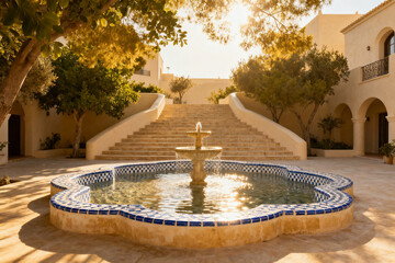 A sunlit courtyard with a tiled fountain and stone staircase leading to an arched building entrance.