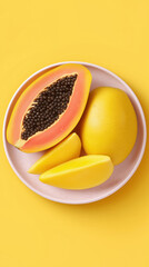 Ripe Papaya and Mango Tropical Fruit Served Fresh on Plate