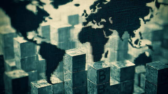 Stacked blocks with world map overlay symbolizing global business and economic growth - Powered by Adobe