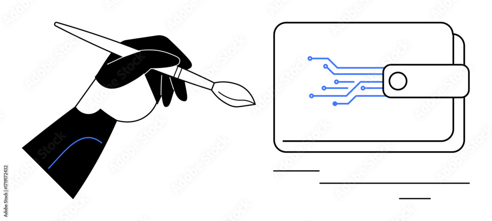 Poster hand holding brush creating a digital circuit on a wallet, symbolizing tech-art fusion, innovation. 