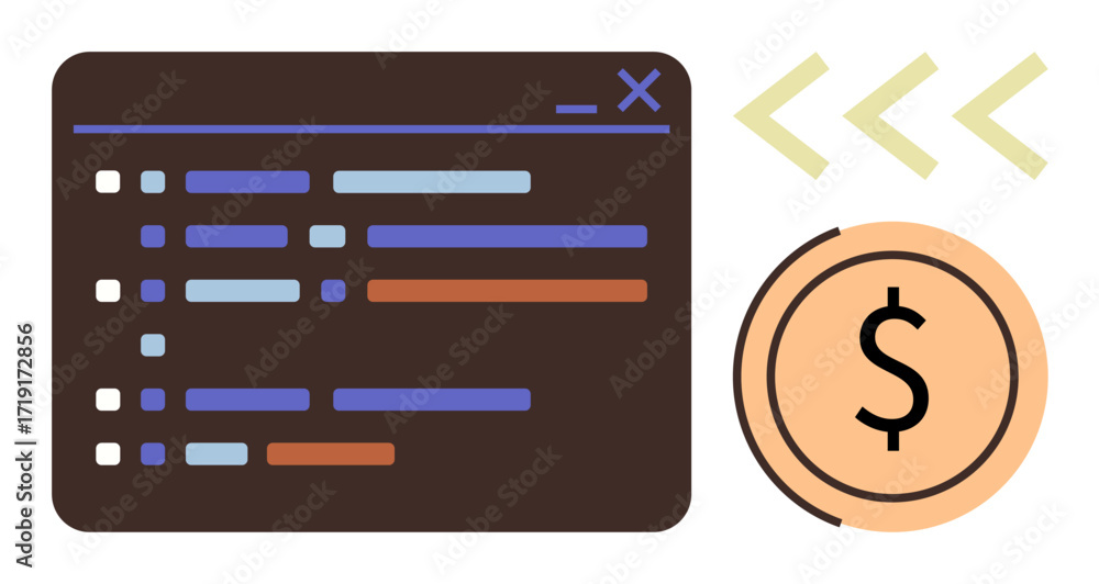 Poster programming interface with multicolored lines next to a dollar coin. ideal for software monetization