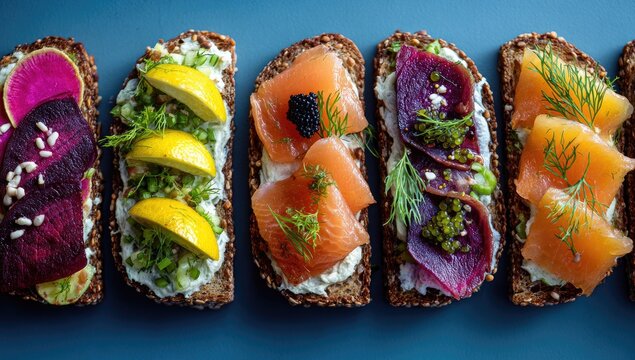 Five gourmet open-faced sandwiches arranged in a row on a dark blue surface; each features unique colorful toppings like smoked salmon, beets, radish, and lemon