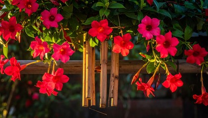 Hanging wind chimes amidst vibrant flowers