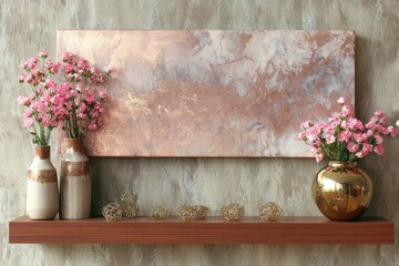 A horizontal abstract painting in rose gold and off-white hues hangs above a wooden shelf adorned with pink flowers in ceramic and metallic vases, and gold decorative accents