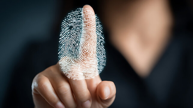 A person's finger with a digital fingerprint overlay, highlighting biometric identification technology. - Powered by Adobe