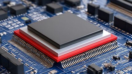 Close-up view of a multi-layered integrated circuit chip mounted on a blue printed circuit board