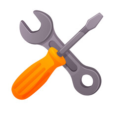 Repair vector shows wrench screwdriver tool crossed for maintenance and service. Wrench screwdriver illustration presents crossed isolated element for workshop, mechanic work or industry concept.