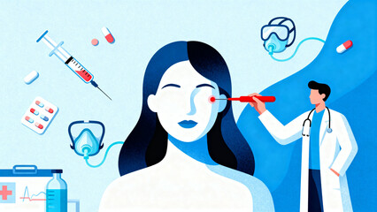 Illustration of a doctor examining a patient's eye with medical tools surrounding them