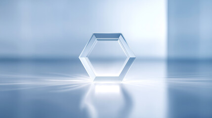 Transparent hexagonal prism on reflective surface with soft lighting and minimal blue gradient background. Ideal for modern design, branding, and product visualization.