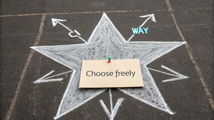 Fototapeta premium Creative chalk drawing on pavement with text and direction arrows