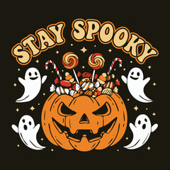 Stay Spooky Halloween Candy Pumpkin with Ghosts Vector Illustration