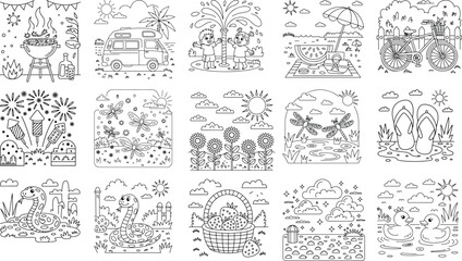 Obraz premium Whimsical summer fun and outdoor activities coloring pages for kids featuring diverse scenes and characters isolated on white background