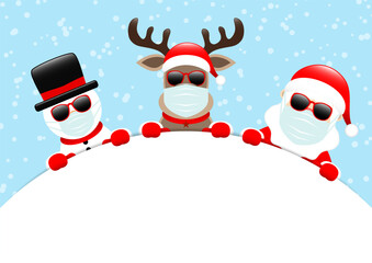Schneemann Rentier Und Weihnachtsmann Maske Mit Sonnenbrille Rundes Banner Schnee Blau