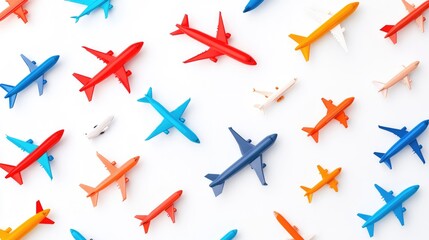 Fototapeta premium Colorful Toy Airplanes Arranged on White Background for Creative Use