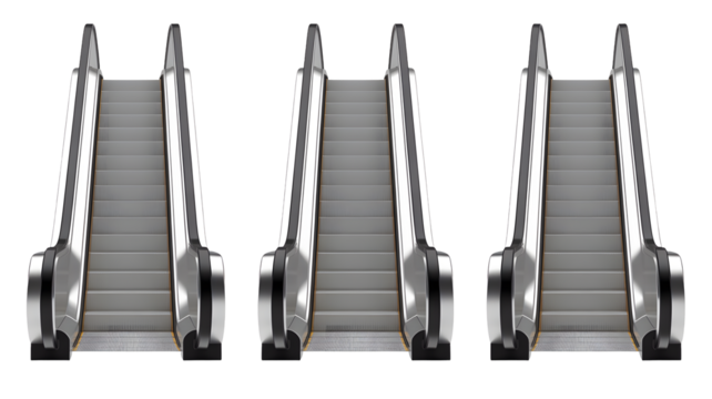 Three identical escalators in a row against a black background showing the steps and handrails clearly