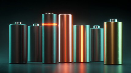 Obraz premium A group of cylindrical batteries standing upright on a dark surface with soft lighting
