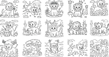 Charming lion cubs playing in diverse jungle environments perfect for coloring pages and children s designs isolated on white background