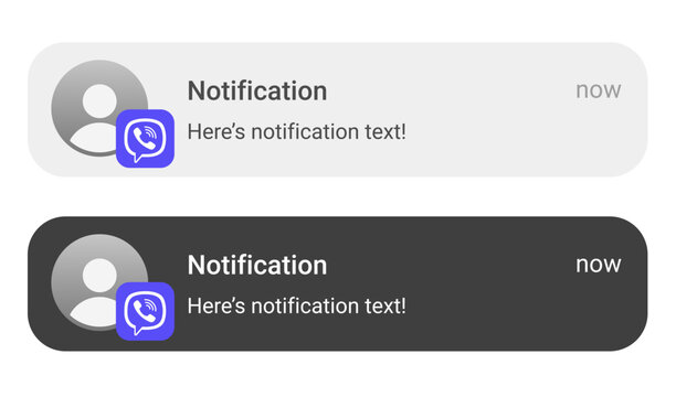 Viber notification alert icon. Messaging app notification template. Mobile app message notification on smartphone. User profile notification banner. Dark and light UI notification design vector