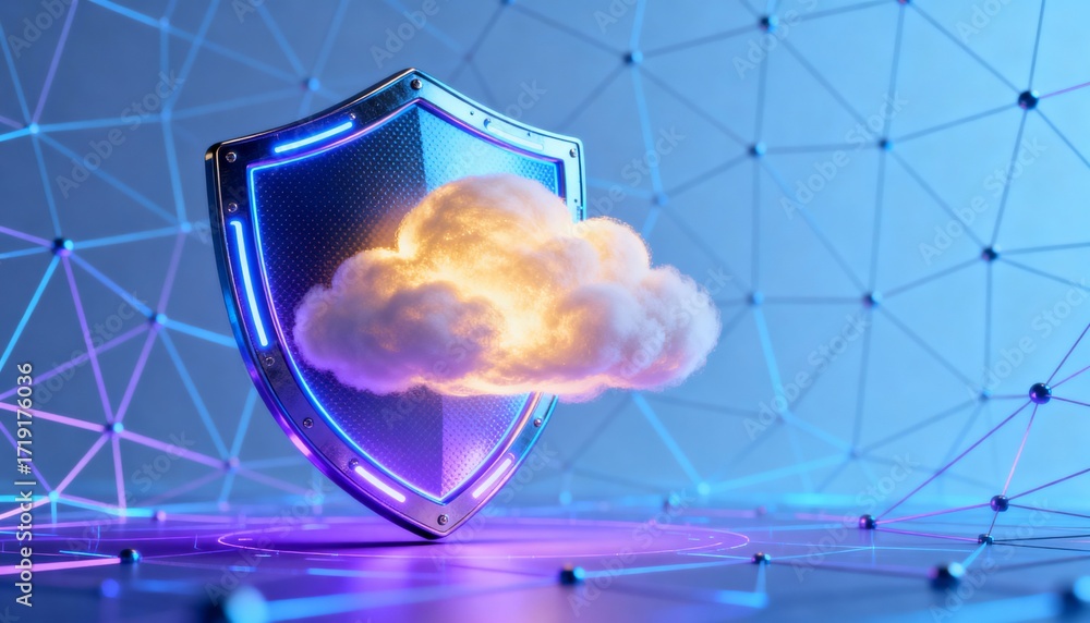 Poster cyber shield protecting a glowing cloud, floating in digital space, network grid in background, 3d c