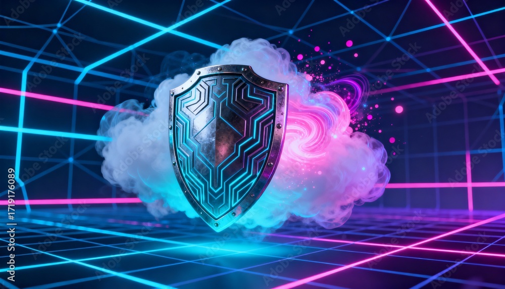 Poster cyber shield protecting a glowing cloud, floating in digital space, network grid in background, 3d c
