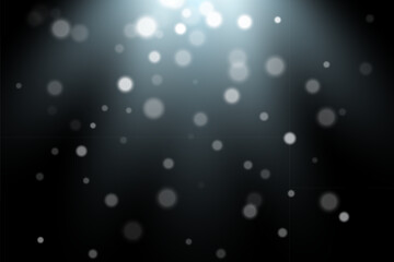 Glowing white bokeh lights on dark background with soft spotlight effect. Floating blur particles backdrop with dreamy, festive, magical ambiance. Abstract vector illustration.