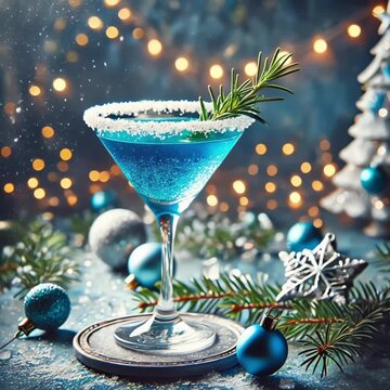 Video of blue Christmas cocktail in martini glass with sugared rim and festive garnish
