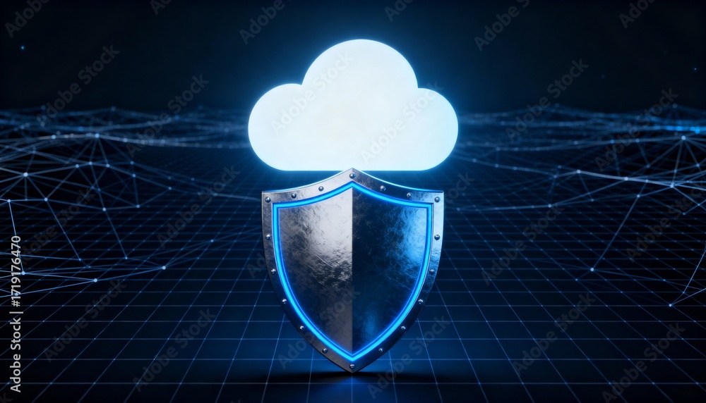 Poster cyber shield protecting a glowing cloud, floating in digital space, network grid in background, 3d c