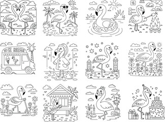 Charming flamingo summer activities coloring pages collection featuring playful birds engaged in various outdoor fun isolated on white background