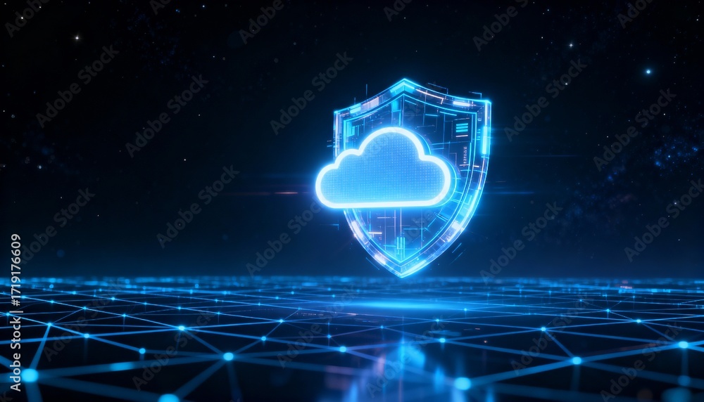 Poster cyber shield protecting a glowing cloud, floating in digital space, network grid in background, 3d c