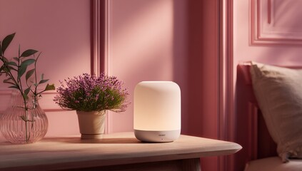 Soft white lamp on bedside table, pink room