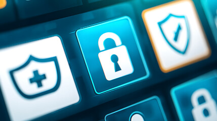 Close-up of digital security icons including lock and shield symbols on a glowing interface