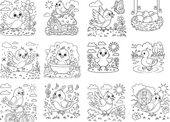 Charming black and white line art illustration featuring a cute duckling a chick and a butterfly in various delightful scenes isolated on white background