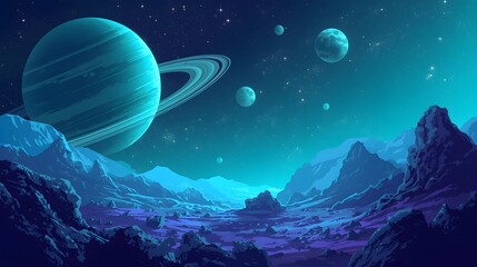 Celestial Panorama: Explore the grandeur of a distant planet, with ringed giants and otherwordly celestial bodies, all under the mystic glow of the cosmos.