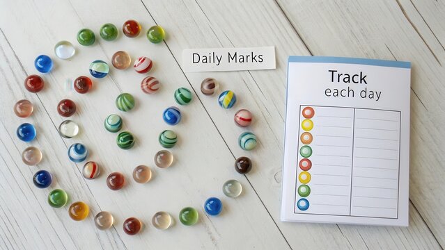Colorful Marbles and Tracking Chart on Wooden Surface