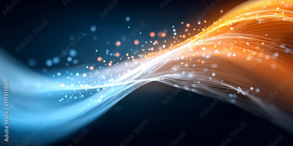 Poster abstract visualization of technology with gradient data streams, light streaks, and glitters