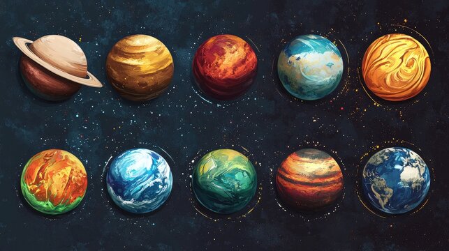 Colorful Illustrated Planets in a Dark Cosmic Background