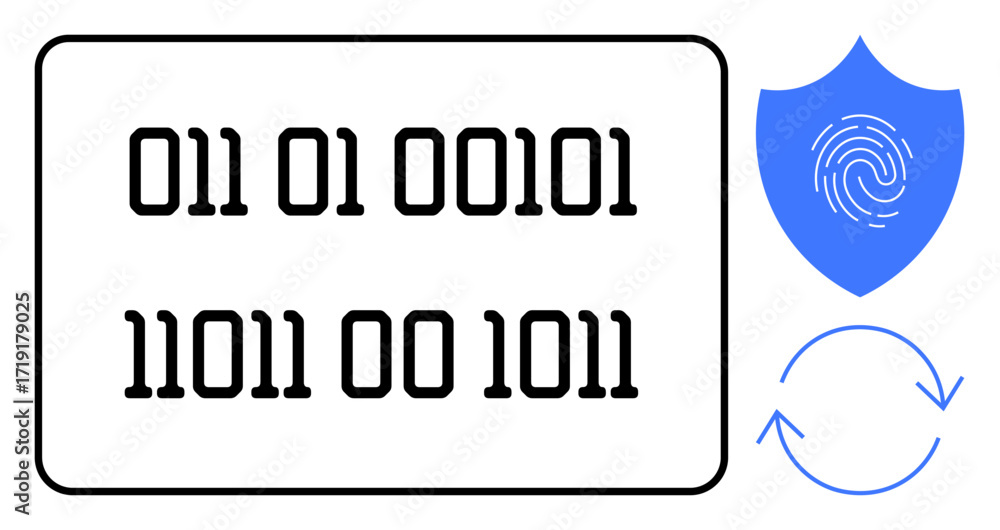 Aufkleber binary code inside frame, shield with fingerprint symbol, circular arrows signify sync or update. id
