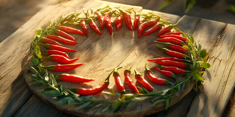 Red Chili Peppers and Green Leaves Arranged in Circle on Wooden Board
