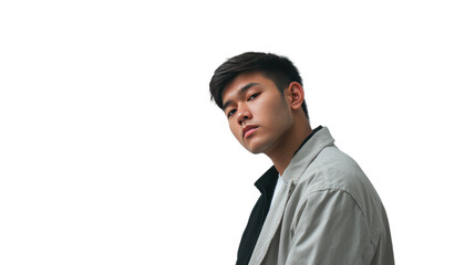 Young Man's Confidence: A striking image of a youthful individual exuding confidence. Focused gaze and stylish attire underscore a sense of determination and poised poise.