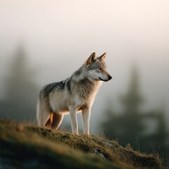 Fototapeta premium Solitary wolf on foggy hill as metaphor for ecosystem balance, calm atmosphere, nature symbolism, environmental awareness, rewilding concept, Selective Focus