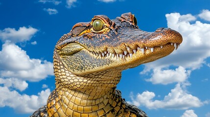 Fototapeta premium Alligator Closeup in Front of Sky with Fluffy Clouds during a Sunny Day
